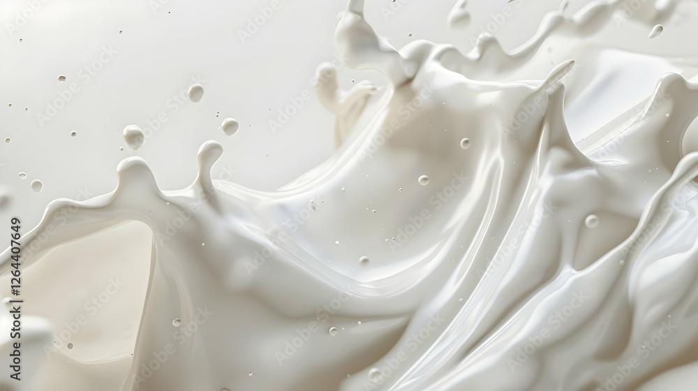Poster abstract splash of creamy liquid with dynamic waves and droplets against a soft background