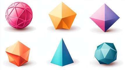 Geometric 3d shapes hemisphere, octahedron, sphere and torus, cone, cylinder and pyramid with icosahedron. Basic voluminous geometry figures for education, Realistic vector illustration, icons set