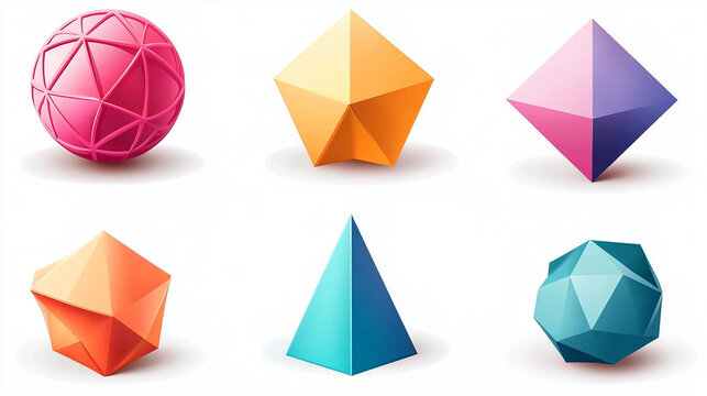 Geometric 3d shapes hemisphere, octahedron, sphere and torus, cone, cylinder and pyramid with icosahedron. Basic voluminous geometry figures for education, Realistic vector illustration, icons set