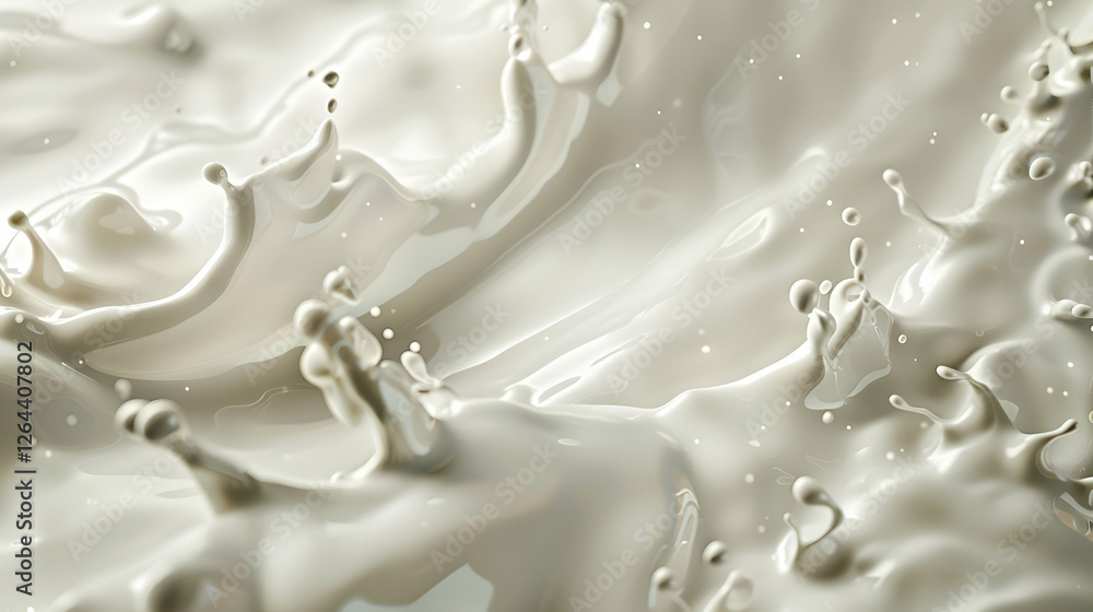 Poster creamy liquid splashes creating dynamic patterns against a soft background, ideal for culinary theme