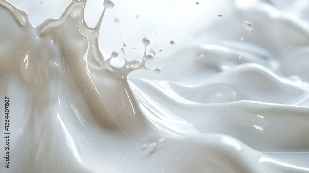 Poster a close-up of splashing milk creating dynamic waves and droplets in a bright, soft environment