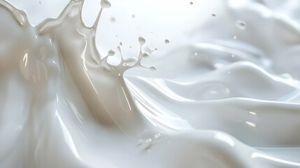 A close-up of splashing milk creating dynamic waves and droplets in a bright, soft environment