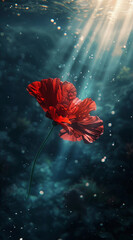 A single red flower blooming underwater, deep ocean, rays of sunlight penetrating water, bioluminescent particles, vibrant coral red