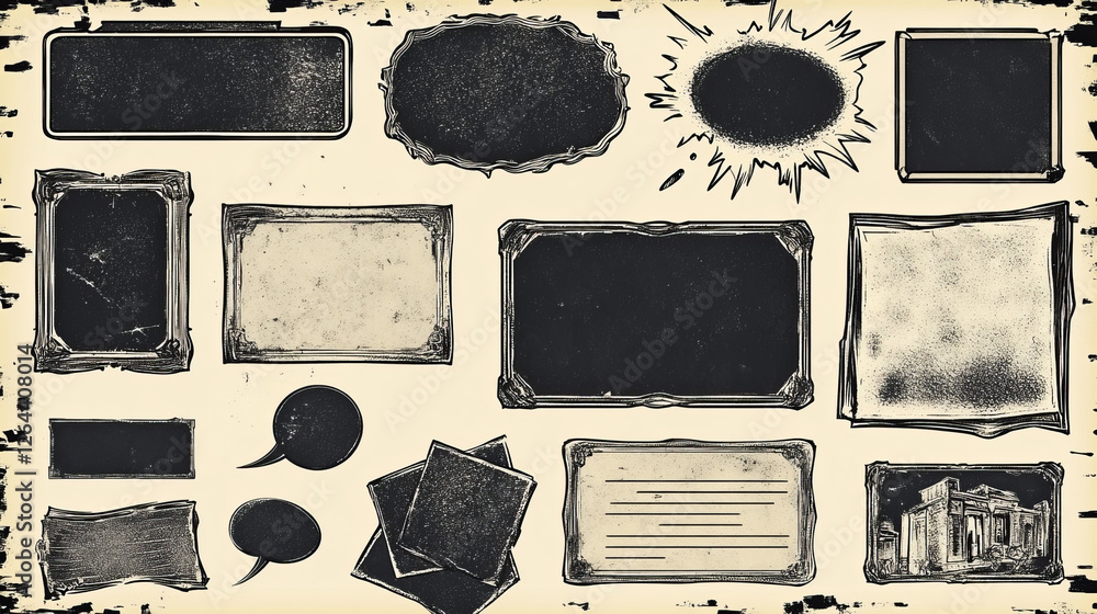 Poster game dialogue boxes, speech bubbles and frames for text. banners with blank old paper and stone bord