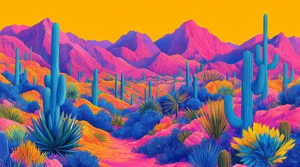 Vibrant Desert Landscape with Cactus and Mountains Psychedelic Art