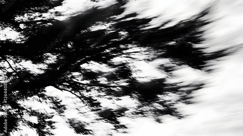 Poster abstract depiction of swirling tree branches in motion, creating a dynamic black and white effect