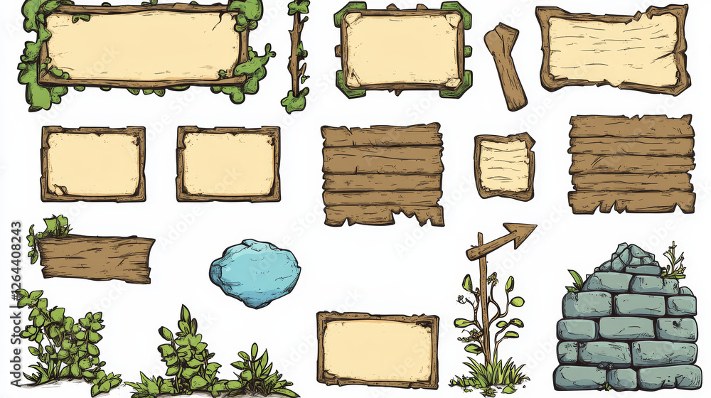 Poster game dialogue boxes, speech bubbles and frames for text. banners with blank old paper and stone bord