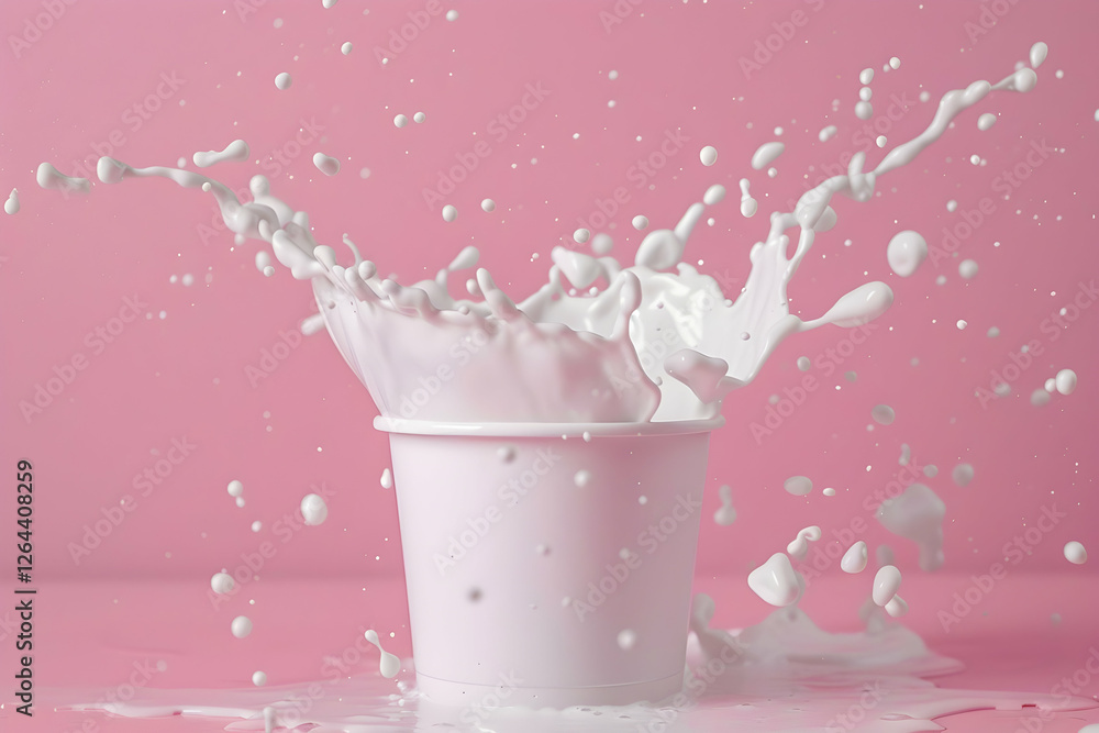 Poster a vibrant pink background with a white cup splashing milk, creating a dynamic and playful scene