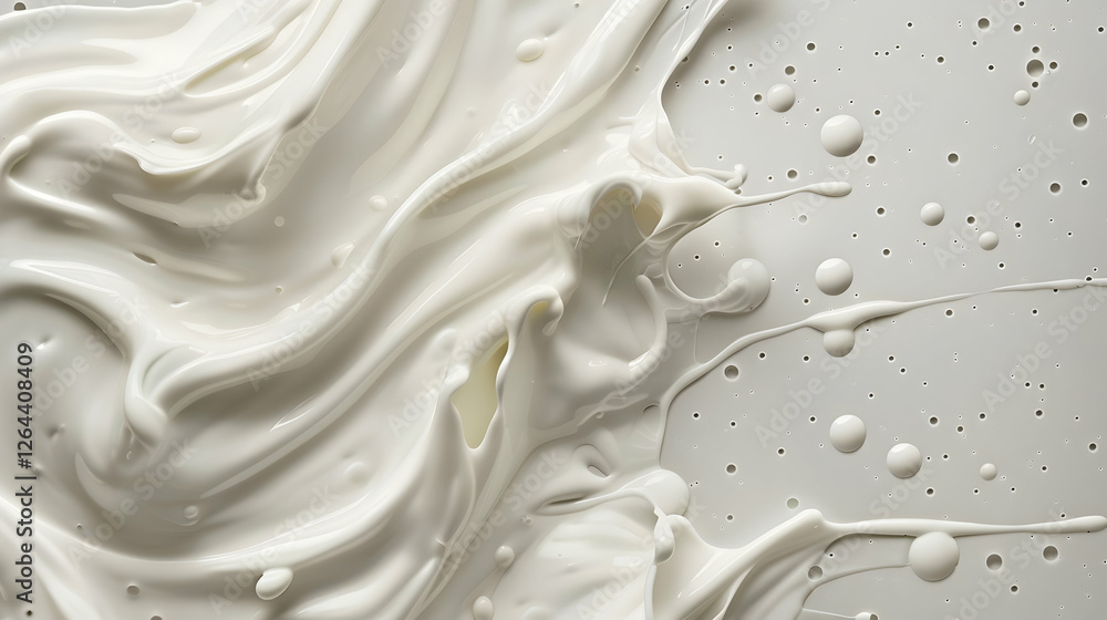 Poster smooth, flowing white cream splashes across a light background, creating a dynamic texture
