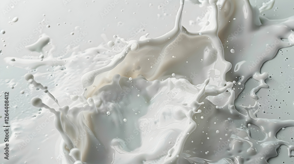 Poster abstract splash of white liquid against a soft gray background, creating dynamic textures and moveme