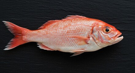 Obraz premium A single, whole, red fish is presented in a studio-style shot against a black background, showcasing its scales, fins, and overall form