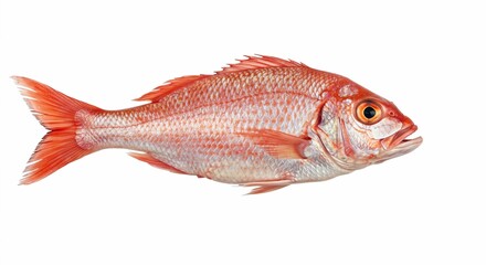 This image features a cooked or prepared red fish, shown whole with detailed scales and fins against a plain black background