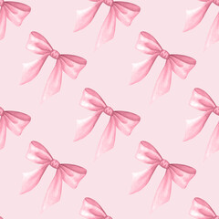 Coquette Bows in pastel pink color. Watercolor hand drawn seamless pattern of delicate trendy accessory on pink. Girly and lady style. For cutecore, romantic design, textile, wrapping, scrapbooking.