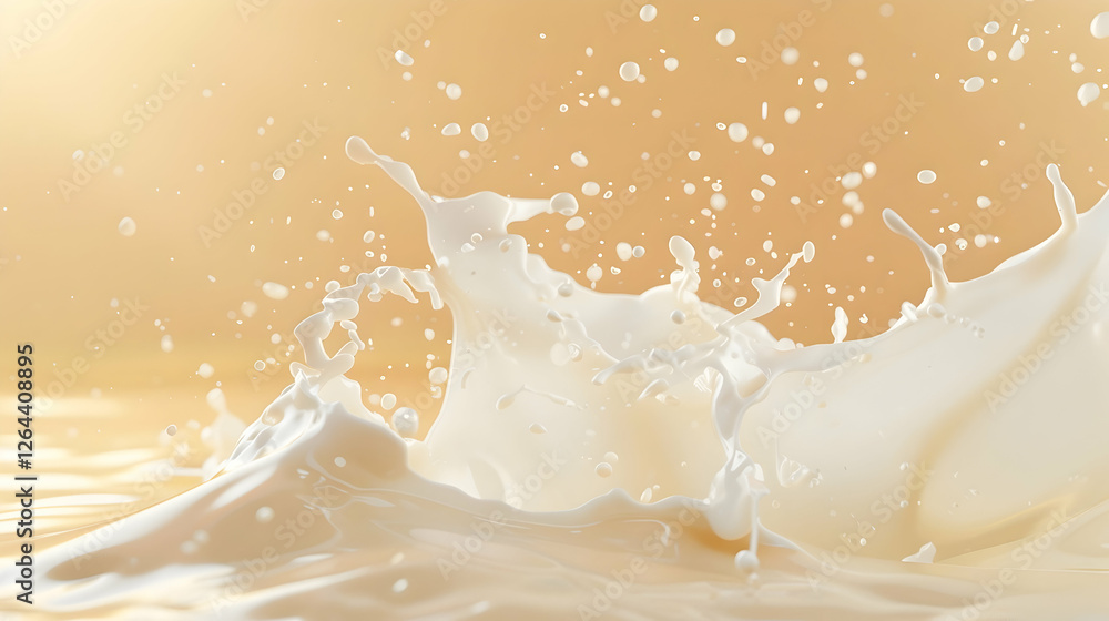 Poster dynamic splash of milk against a soft golden background, creating a serene and appetizing scene