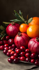 Christmas fruit arrangement with pomegranates, oranges, and cranberries