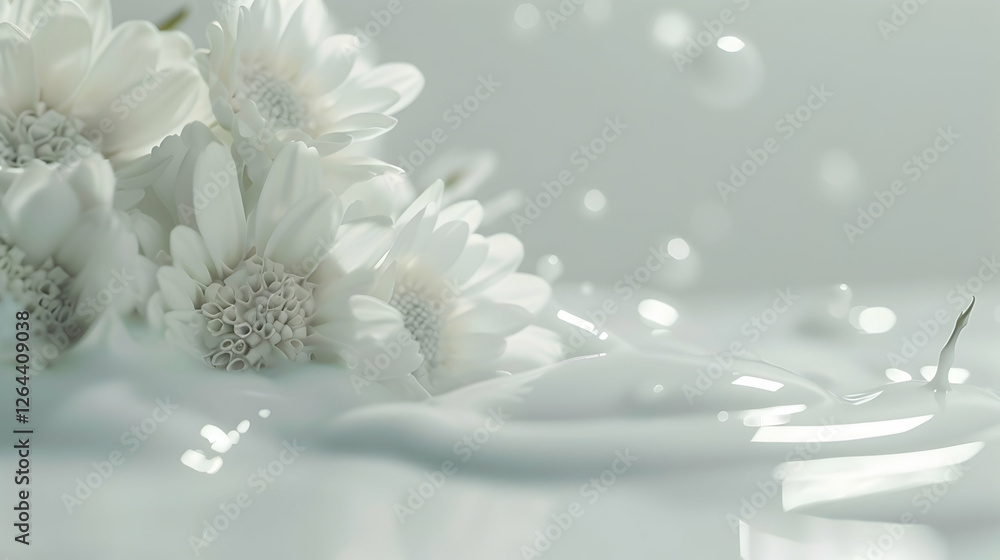Poster delicate white daisies resting on a smooth surface with splashes of liquid, creating a serene atmosp