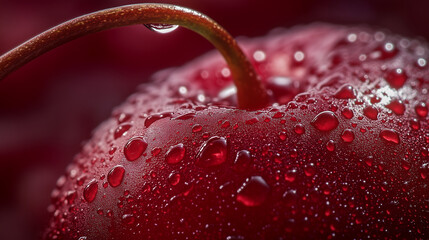 High-resolution macro shot of a red cherry with water droplets
