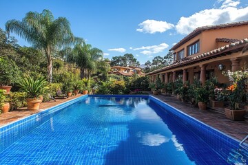 Crystal-clear blue pool beside a luxurious Spanish-style villa, surrounded by lush tropical landscaping. Ideal for showcasing luxury real estate, travel, or relaxation.