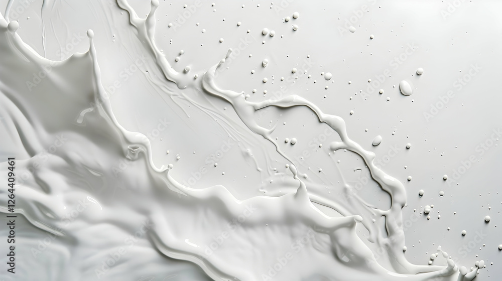 Poster abstract white liquid splash with droplets creating dynamic movement against a light background