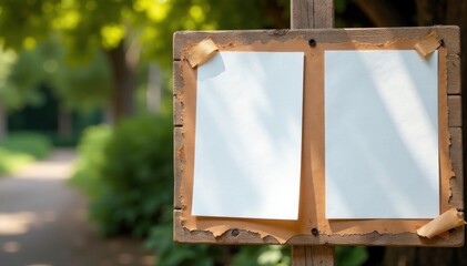 Weathered wooden board with glued paper posters in outdoor setting, earthy, outdoor, paper posters