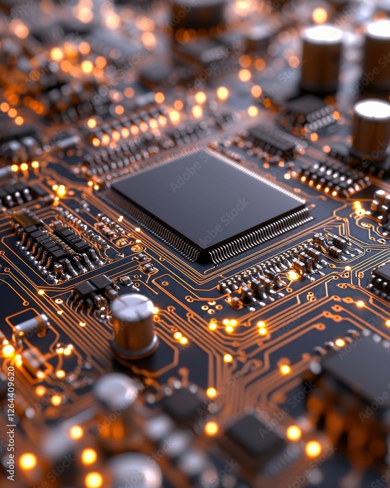 Poster a close-up view of a circuit board featuring a microchip, intricate wiring, and glowing lights, show
