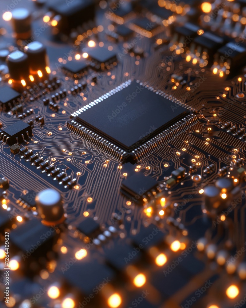 Aufkleber a close-up view of a circuit board showcasing intricate patterns, microchips, and glowing lights, em