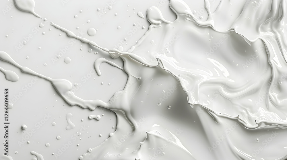 Poster abstract white liquid splashes and droplets on a smooth surface, creating a dynamic visual effect