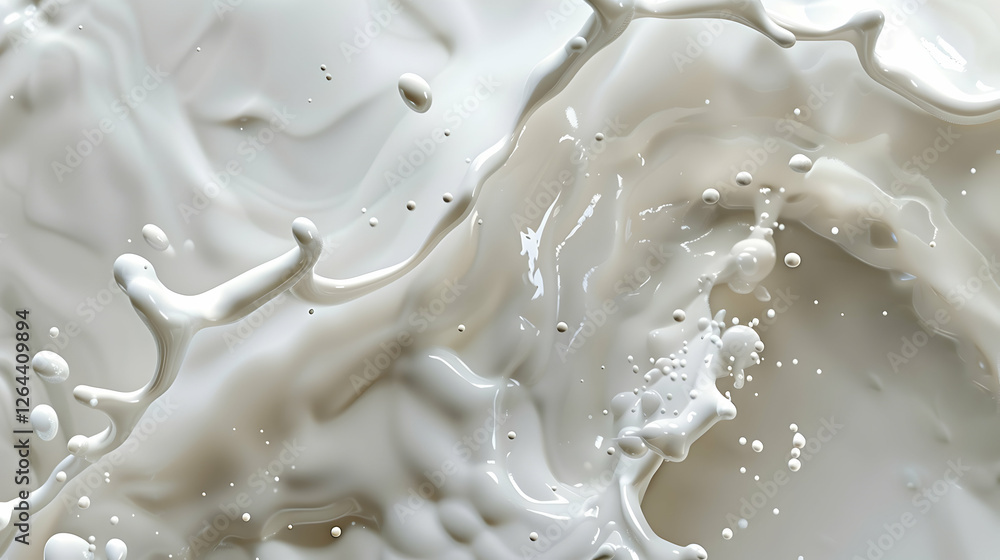 Poster abstract close-up of white liquid splashes creating dynamic shapes and textures, evoking freshness a