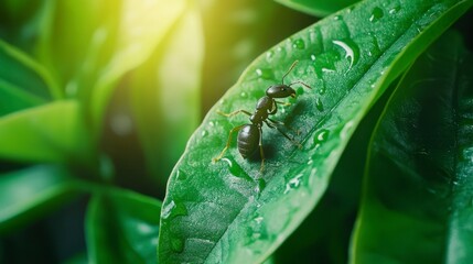 Ant Walking on a Lush Green Leaf with Water Droplets in a Natural Setting