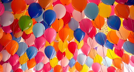 birthday party balloons, colourful balloons background and birthday cake with candles  

