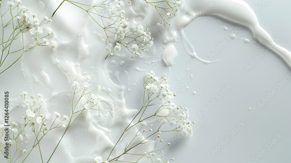 Poster delicate white flowers resting on a smooth surface with flowing milk, creating a serene and calming 