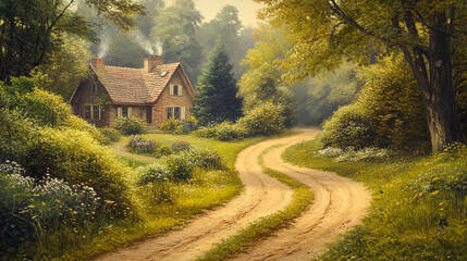 Fototapeta premium Summer landscape with forest and village house. Nature scene with countryside cottage, garden with trees and bushes with green foliage, brown sandy road, vector cartoon illustration