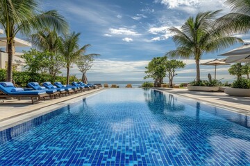 Oceanfront pool with lounge chairs and palm trees. Perfect for travel, hotel, or resort websites.