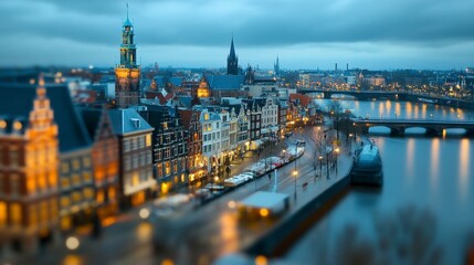 Fototapeta premium Cityscape at Night Featuring Illuminated Buildings along River With Tilt Shift Effect