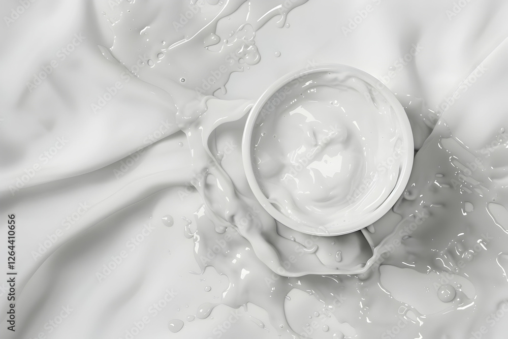 Poster creamy white substance spilled on a textured surface, creating a dynamic composition with splashes