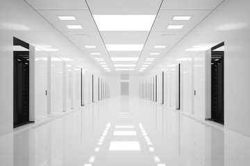 Bright white futuristic corridor with open server room doors.