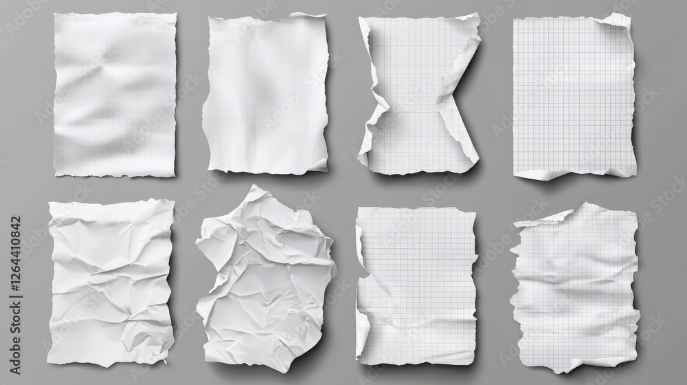 Poster paper pieces with wrinkles and torn edges. realistic vector illustration set of empty white, lined a