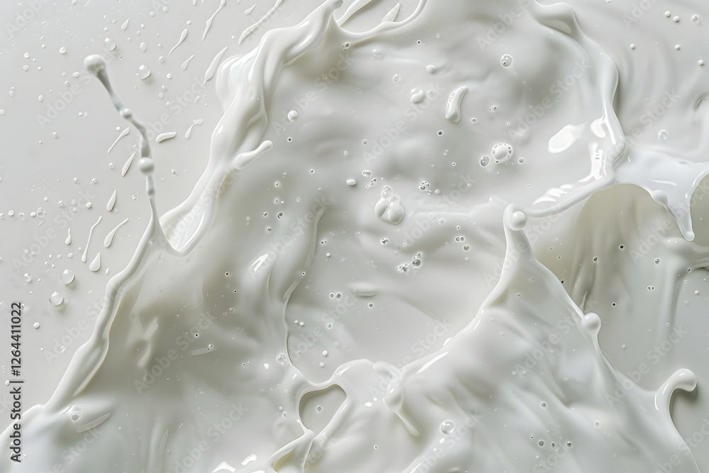 Poster fluid white milk splash with dynamic texture and droplets on a smooth surface, ideal for culinary us