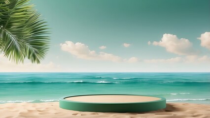 round podium banner with empty space, Blue luxury sea view beach theme background, holiday banner poster background for advertisement ads