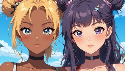 Obraz premium Stunning Anime Girls with Blonde and Purple Hair, Summer Fashion, Close-Up Portrait, Detailed Illustration