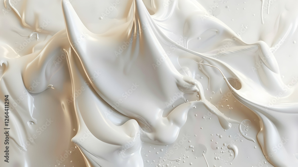 Poster smooth white cream texture with soft peaks and droplets, creating a fluid and glossy appearance