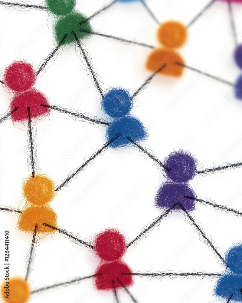 Poster a colorful network of interconnected dots representing social connections or relationships.