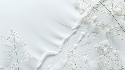 Soft white texture with flowing cream and delicate flowers creating a serene background atmosphere
