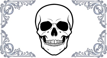 Fototapeta premium AI Generated Line Art Skull with Ornate Corner Flourishes Monochromatic Vector Illustration Detailed Anatomical Style Vintage Decorative Frame Gothic Aesthetic Memento Mori Symbolism 