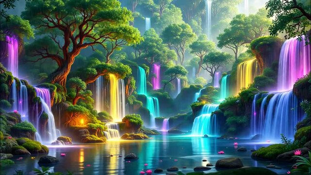 Enchanting Tranquility: A Breathtaking Waterfall Landscape Illuminated by Vibrant Colors and Serenity