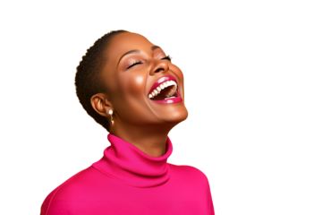Portrait of a stylish black woman wearing pink and laughing out loud with eyes closed. Isolated on transparent background.