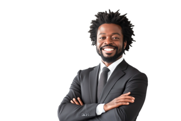 Portrait of a black businessman, in his 30s with afro curly hair, smiling. Isolated on transparent background.