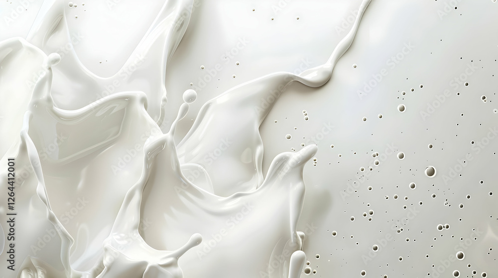 Poster abstract splash of white liquid creating dynamic shapes on a smooth surface, evoking freshness