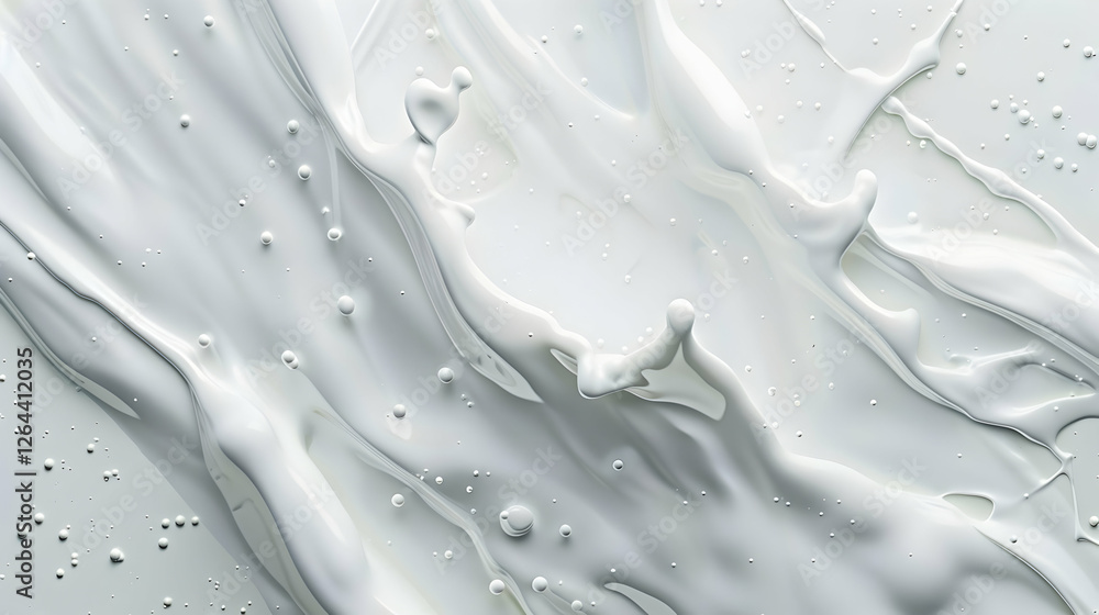 Poster abstract flowing white liquid texture with splashes and bubbles, creating a dynamic visual effect