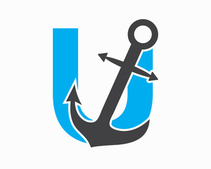 Initial Letter U Anchor Logo Design Concept For Boat, Ship, Yacht, Nautical Transport Symbol